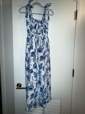 Smocked Tie-Shoulder Maxi Dress in White & Blue Floral